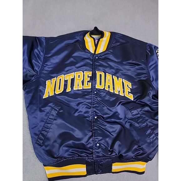 Vintage Starter Notre Dame Bomber Jacket Mens L Blue Satin Embroidered Irish 90s - Picture 5 of 14
